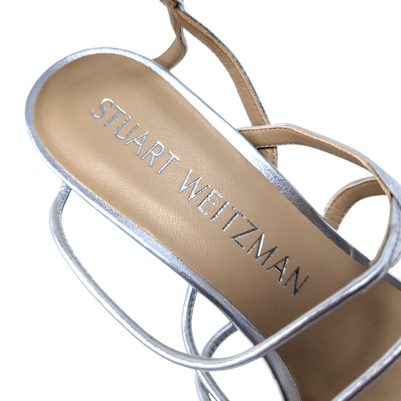NWT Stuart Weitzman Astrid Silver Leather Ankle Wrap Sandal Pumps Size 10 - Picture 8 of 10